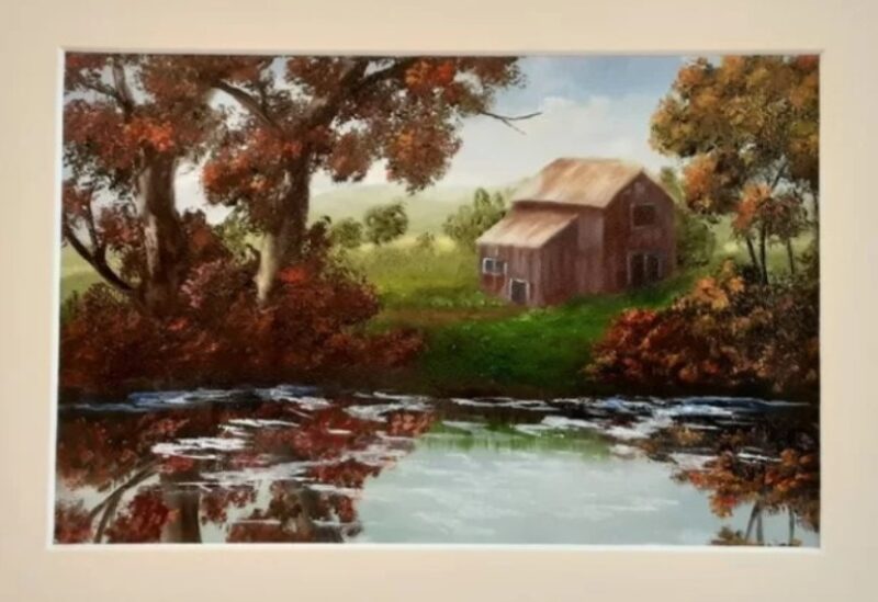 Red Barn on Pond 10×8 matted Oil painting