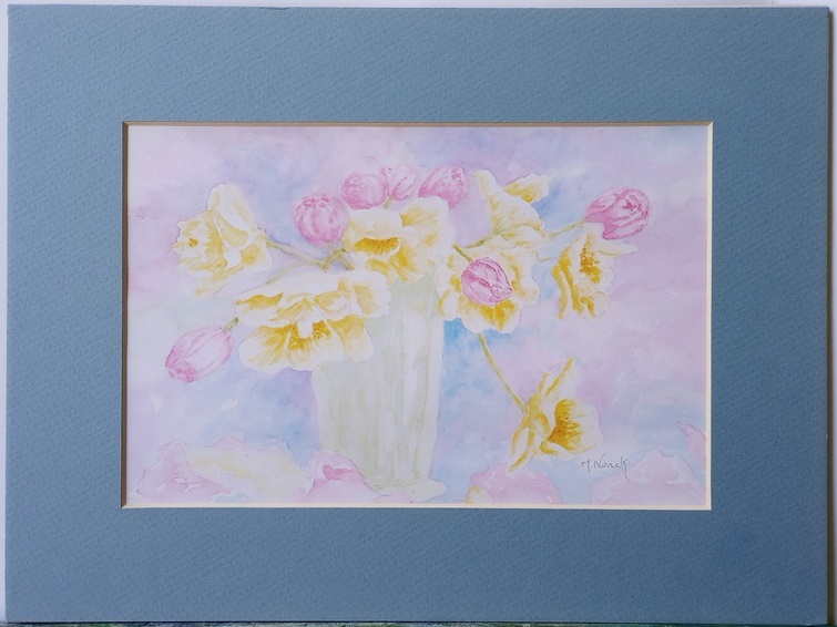 Tulips In A Green Vase 9x12 matted watercolor print